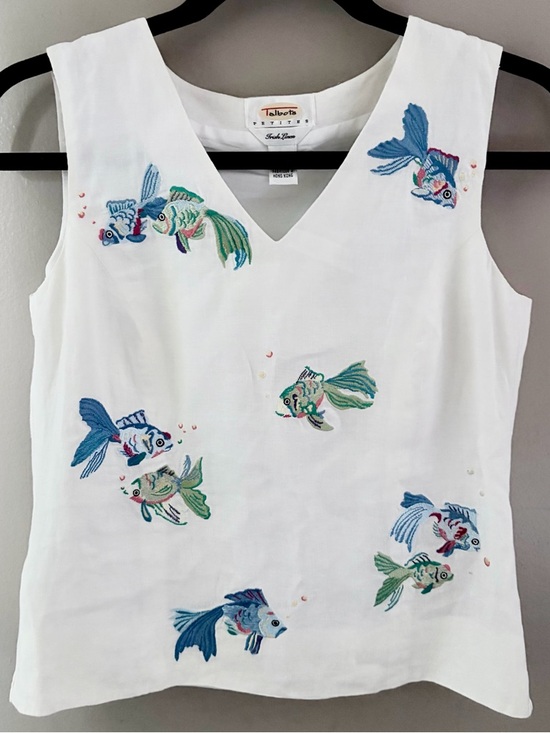 Talbots Tops - VTG Talbots 100% Irish Linen Nautical Fish Embroidery Tank Top White Petite 6